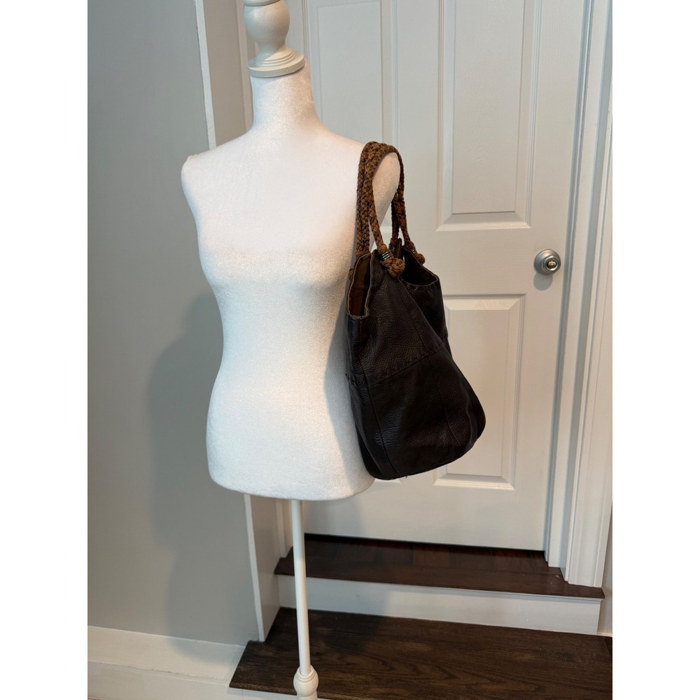 The Sak Dark Brown Pebbled Leather Hobo Bag Braided Strap Slouchy Bucket Tote - Picture 9 of 16